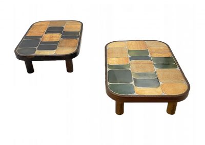 Paire de tables basses Shogun en céramique émaillée et bois, design Roger Capron, Vallauris, années 1970